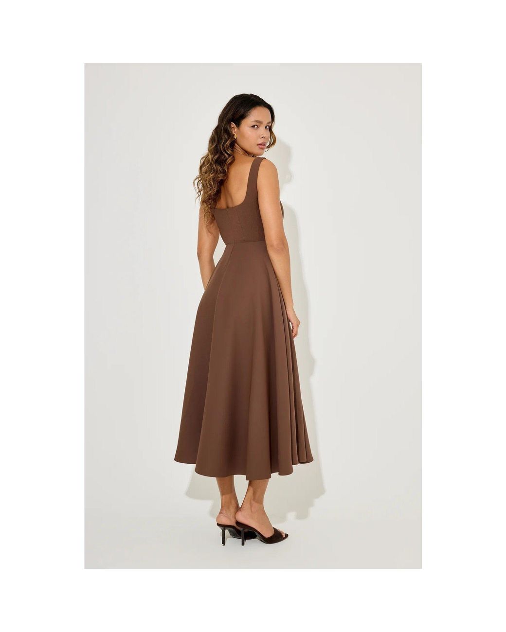 Odd Muse The Ultimate Muse High Waist Square Neck Midi Dress in Brown