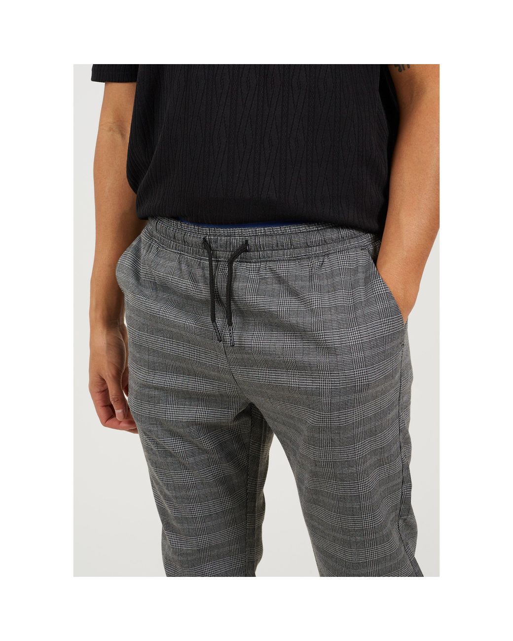 Brave Soul Gray Checked Trouser With Drawstring Waist for men