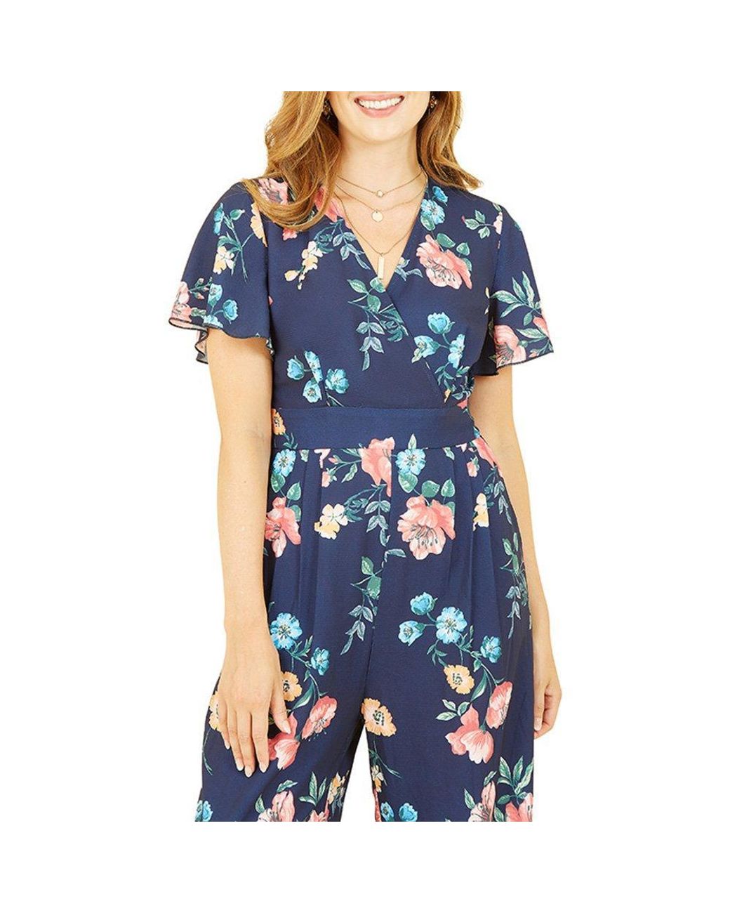 Yumi' Blue Floral Angel Sleeve Jumpsuit