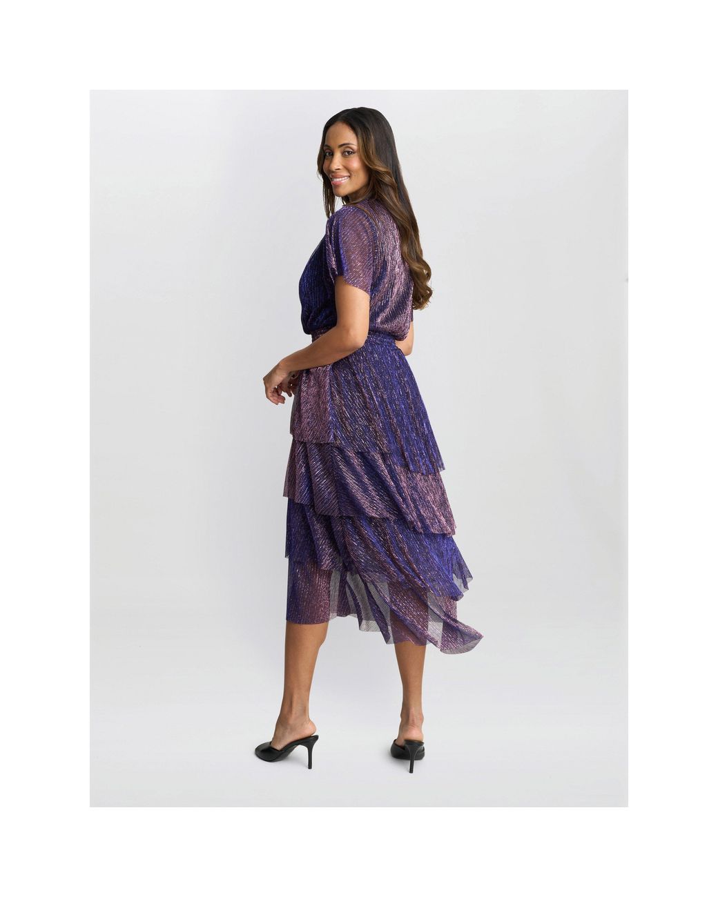 Gina Bacconi Blue Cheri Metallic Knit Tiered Dress