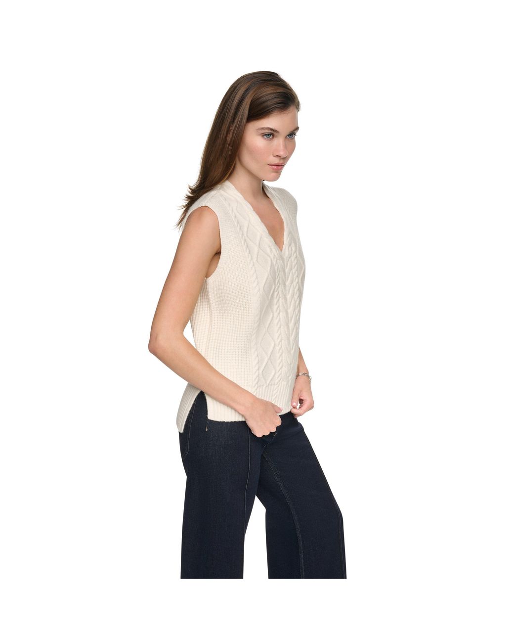 DKNY White Sleeveless V-Neck Cable Sweater