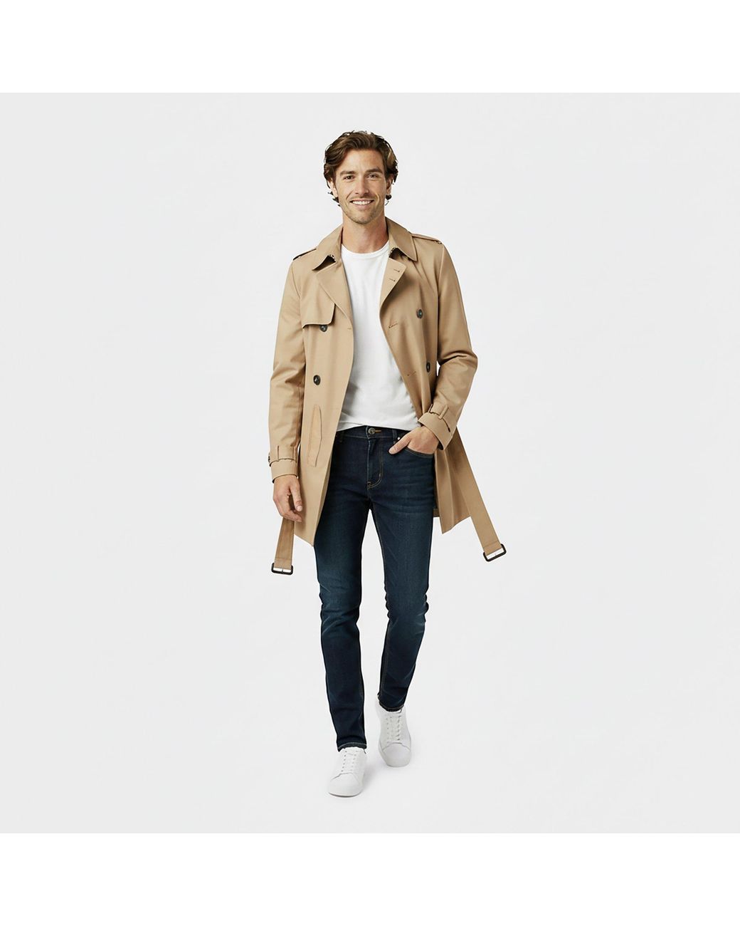 Jack Wills Natural Cotton Water Resistant Mid-Length Long Sleeve Trench Coat for men