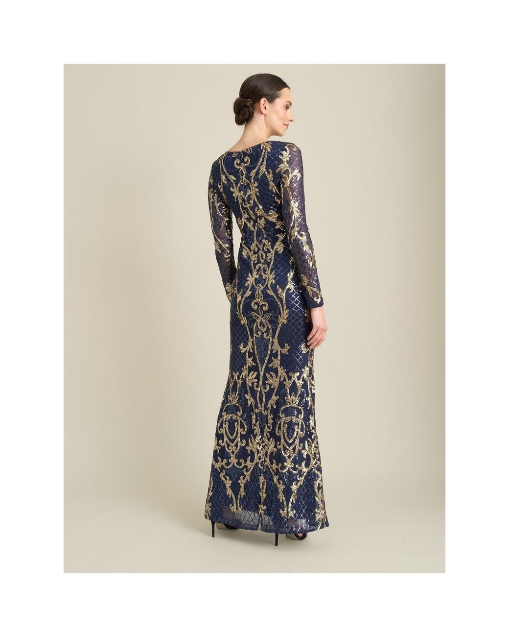 Gina Bacconi Blue Electra Long Sleeve Beaded Maxi Dress
