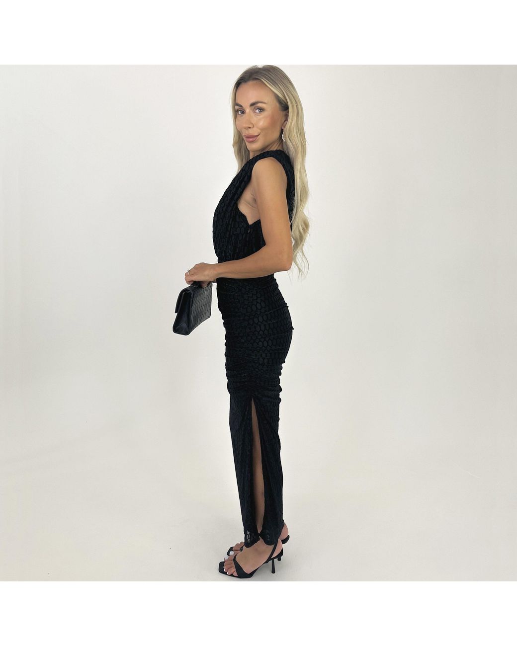 AX Paris Blue Velvet Pattern Off The Shoulder Draped Top Midi Dress
