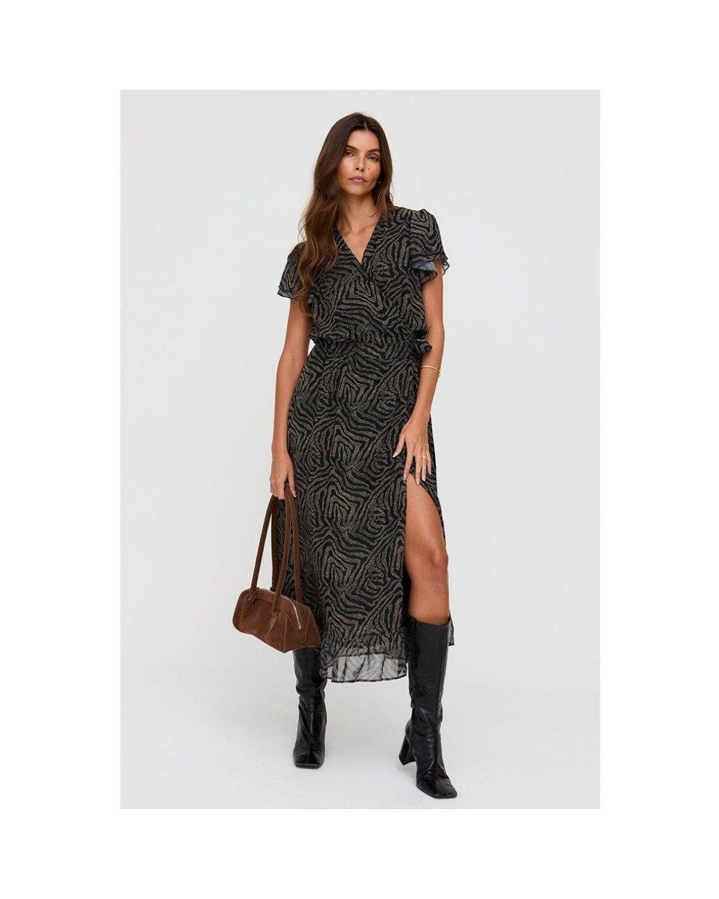 Lily and Lionel Black Devina Ruffle Detail Zebra Print Maxi Dress
