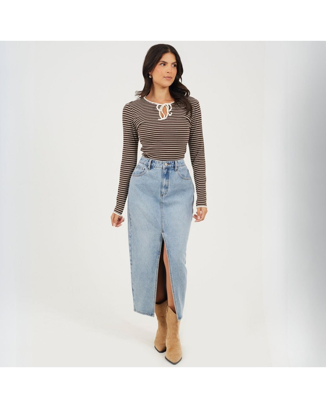 Brave Soul Gray Ladies Ribbed Long Sleeve Striped Top
