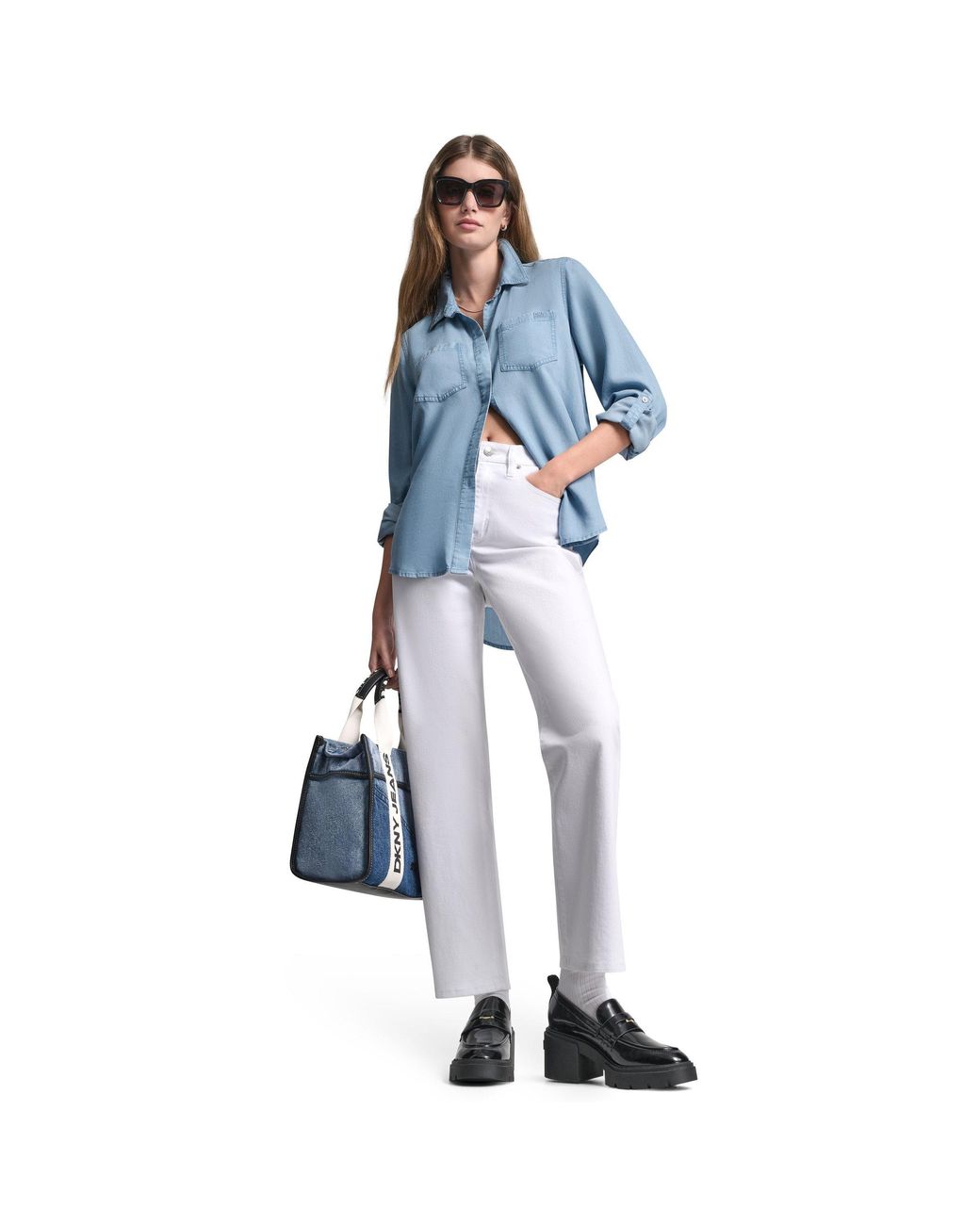 DKNY Blue Jeans Split Back Button Front Tencel Shirt W/ Roll Tab Sleeve