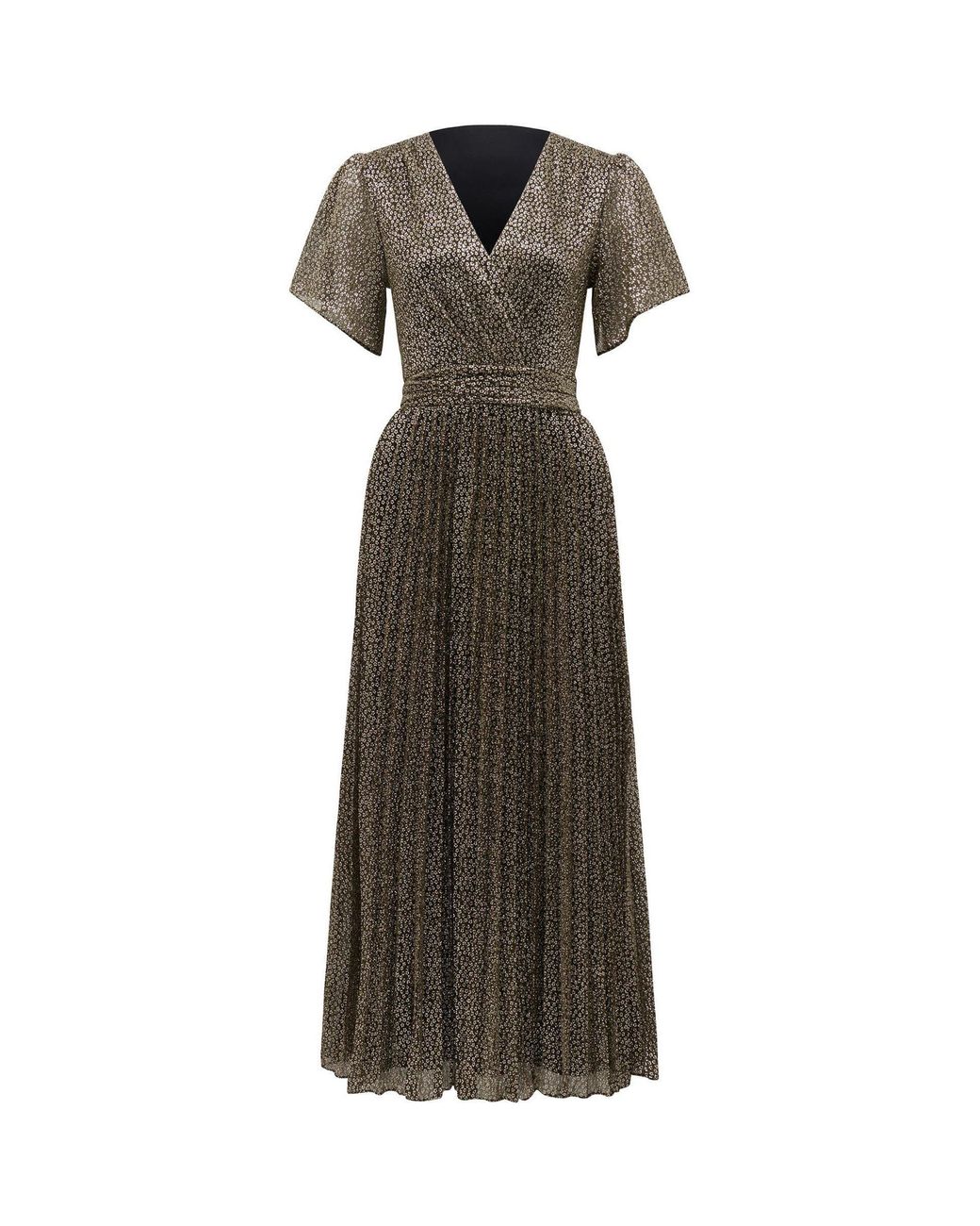 Forever New Brown Devyn Flutter Sleeve Plisse Midi Dress