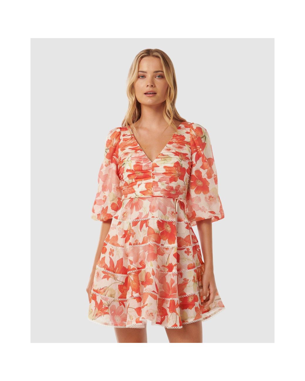 Forever New Orange Cindy Tiered Floral Skater Dress