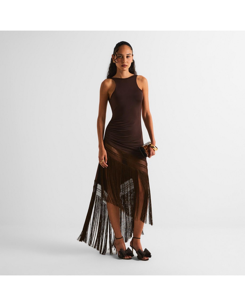 ANDAMANE Brown Marisol Fringe Long Maxi Dress