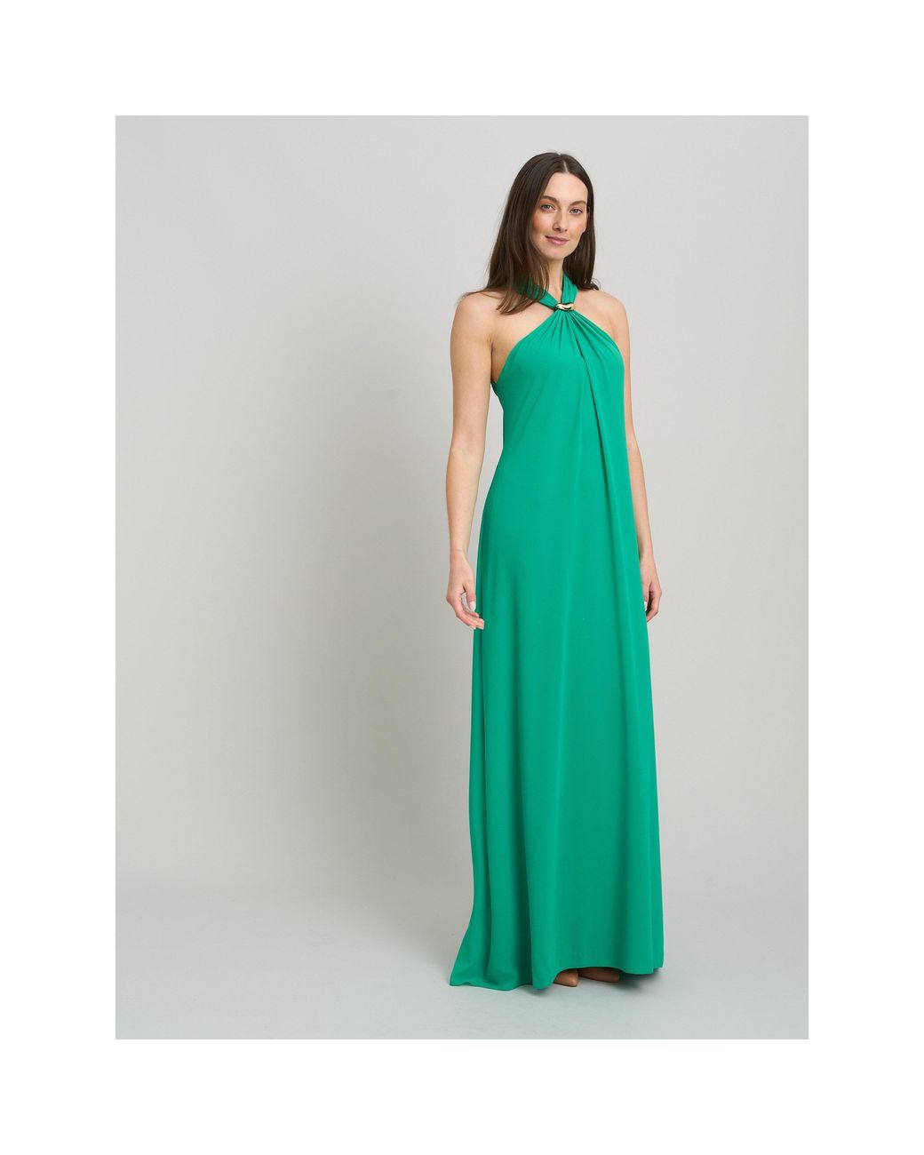 Gina Bacconi Green Marcie Chiffon Tie Neck Maxi Dress