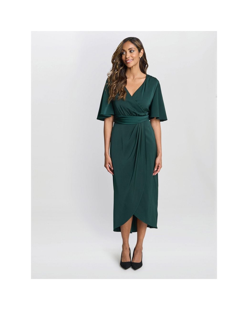 Gina Bacconi Green Misha V-Neck Midi Wrap Dress