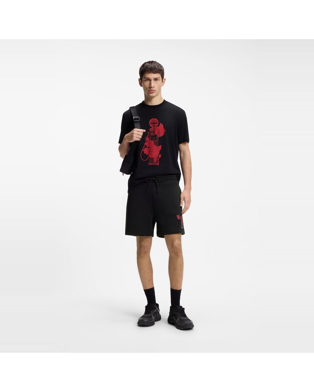 HUGO Black Soft Fleece Jogger Shorts With Graphic Detail for men