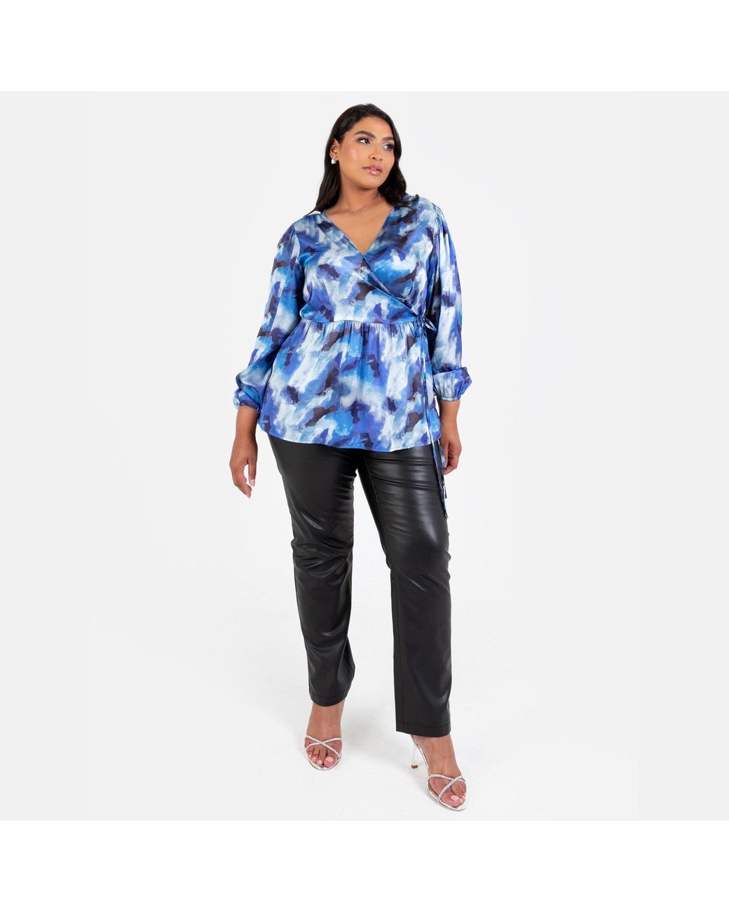 Lovedrobe Blue Satin Maxi Sleeve Wrap Top