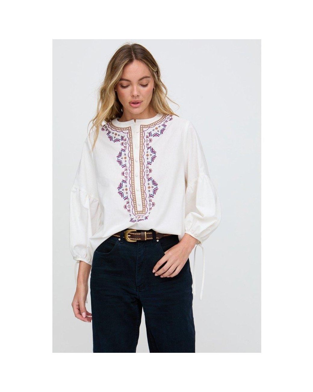 Raffya White Anai Half Placket Embroidered Blouse