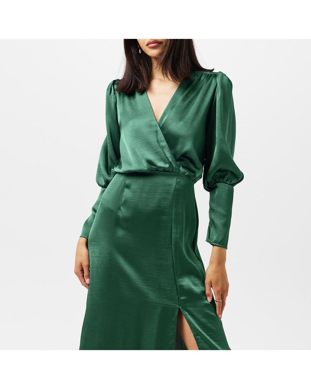 AX Paris Green Satin Wrap Top Long Sleeve Midi Dress