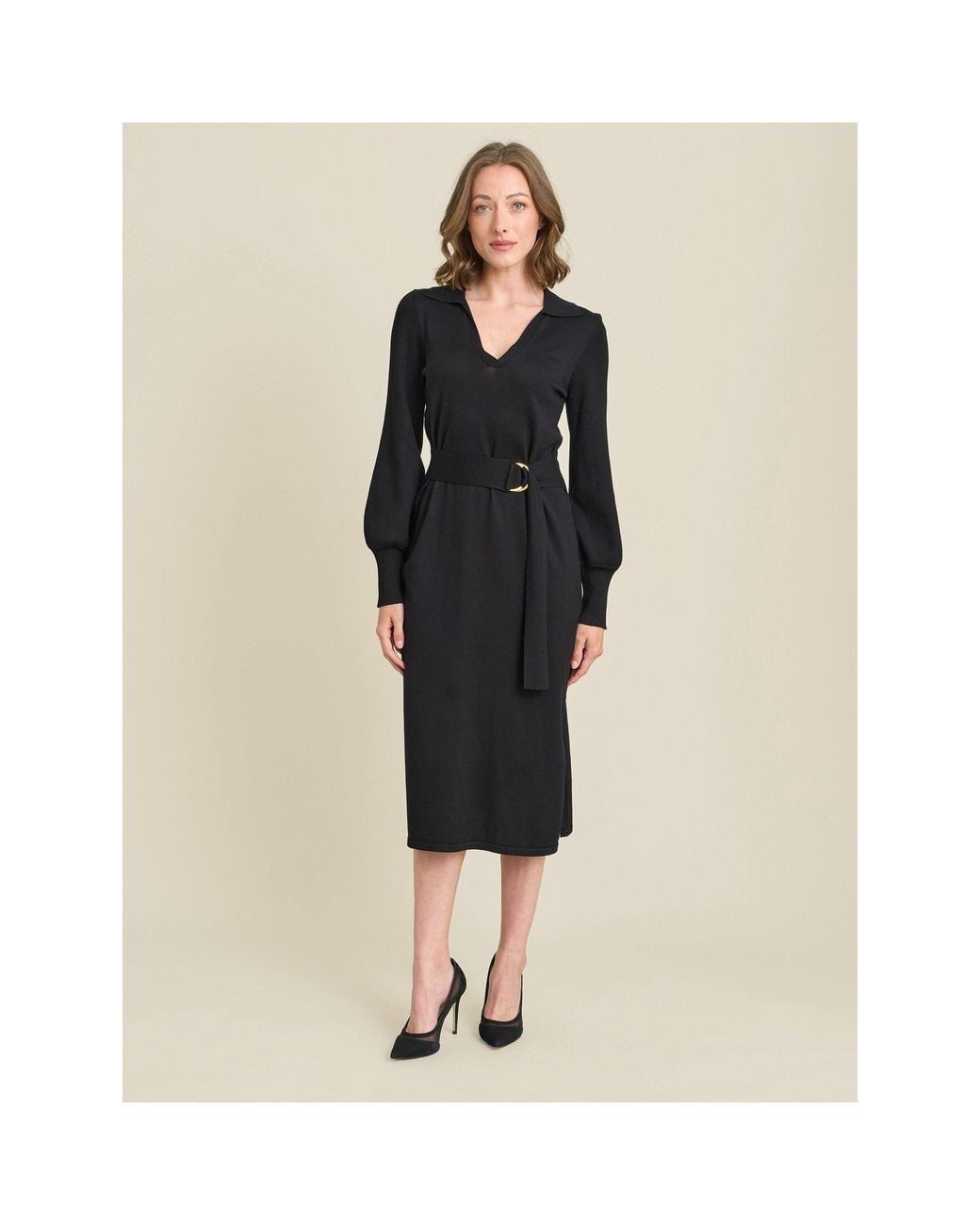 Gina Bacconi Natural Tia Midi Dress With Belt & Long Sleeves