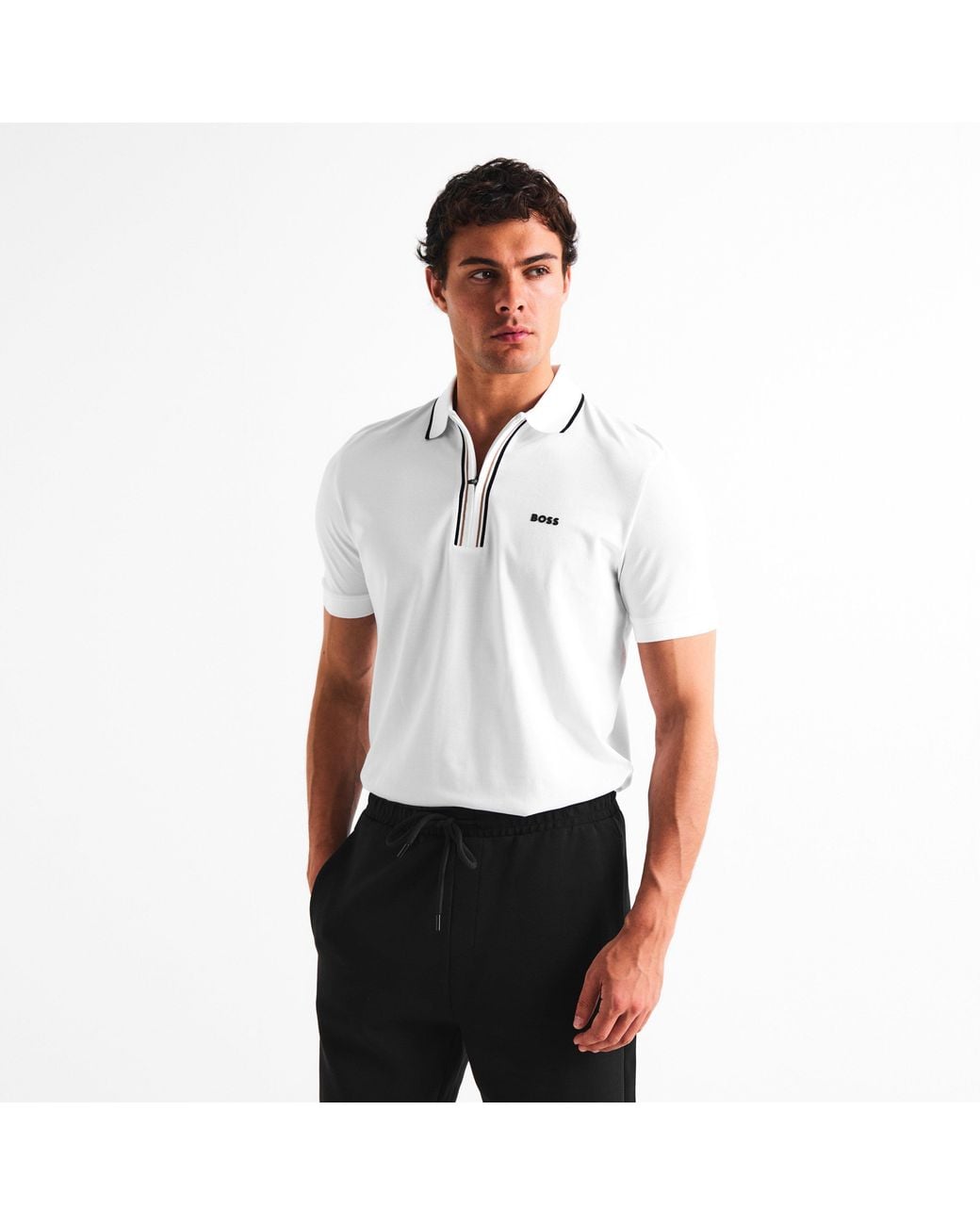 Boss White Short Sleeve Zip Polo Shirt (Philix) for men