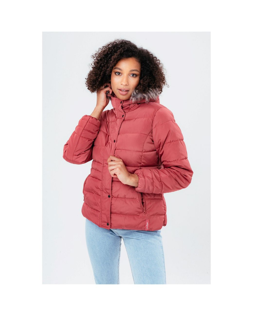Hype Red Fur Trim Insulated Compact Fit Short Puffer Jacket