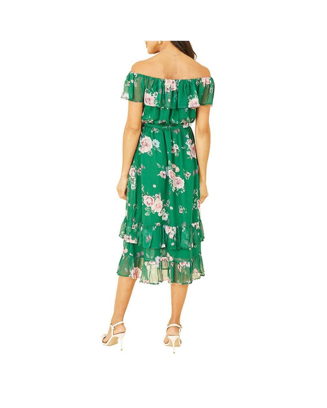 Yumi' Green Floral Bardot Midi Swing Dress