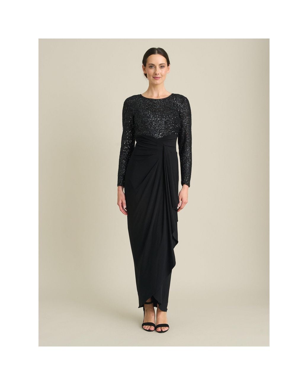 Gina Bacconi Black Steffi Sequin Ruched Draped Maxi Dress