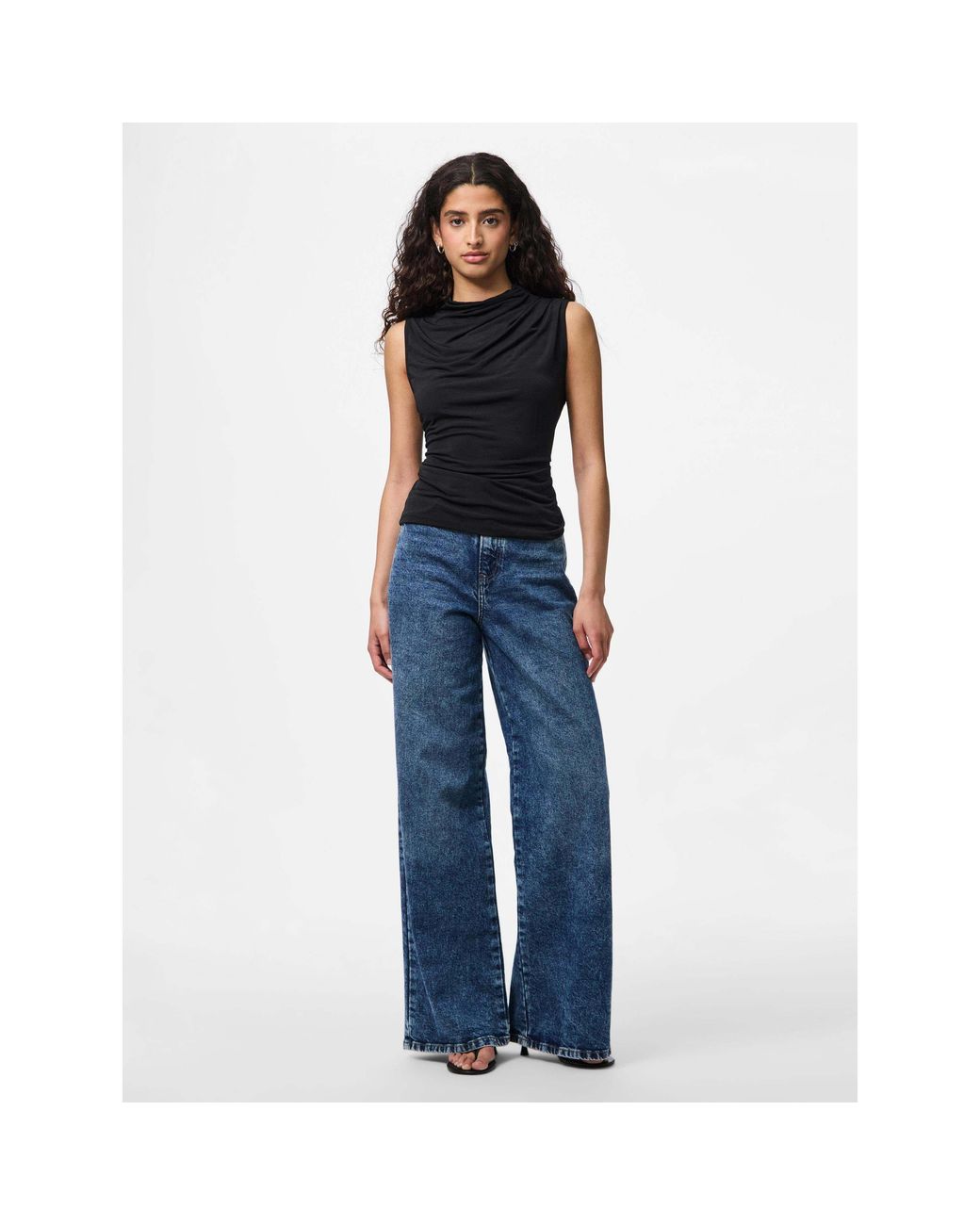 Pieces Black Madison Draped Sleeveless Slim-Fit Shirt