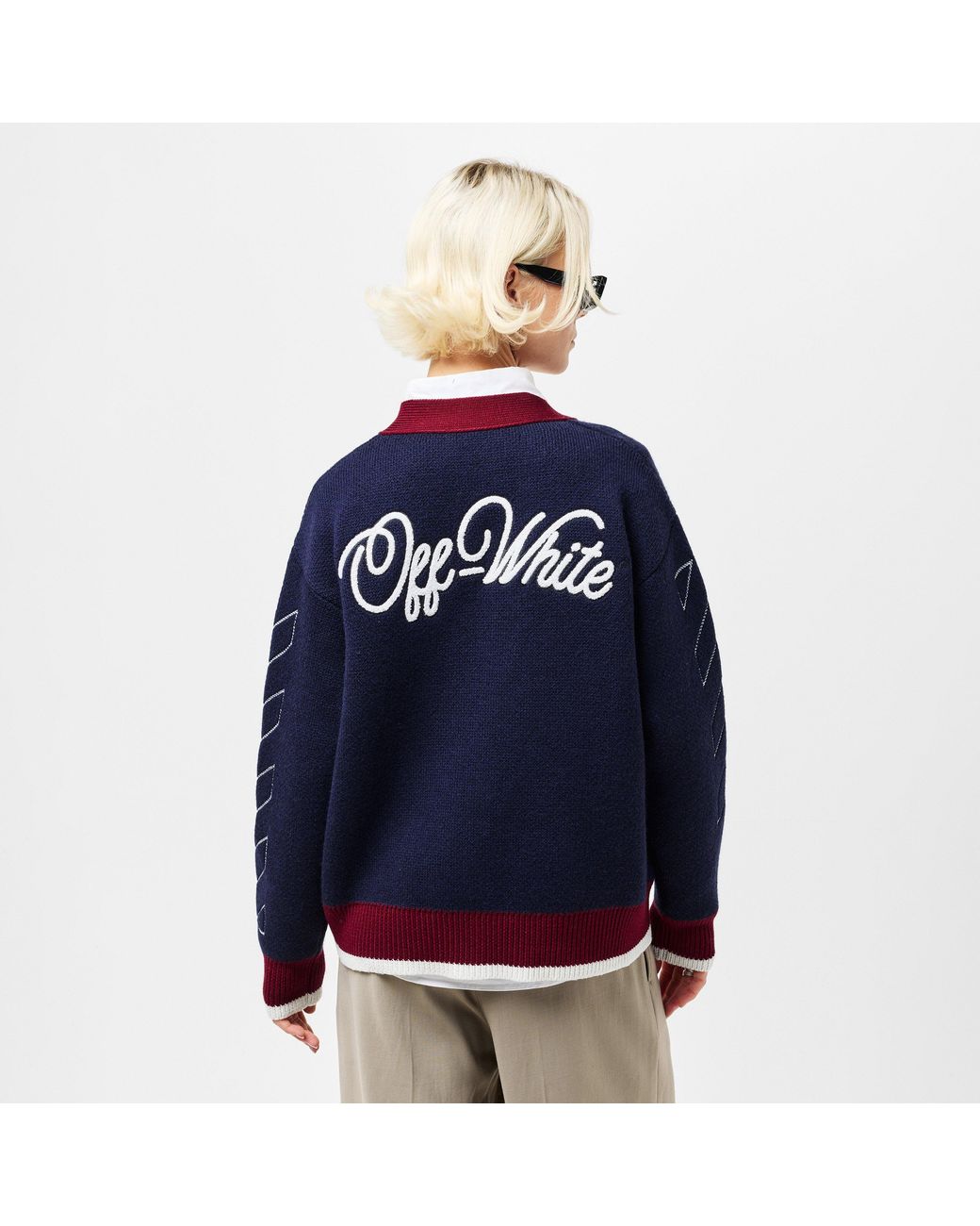 Off-White c/o Virgil Abloh Blue Varsity Button Front Knit Cardigan