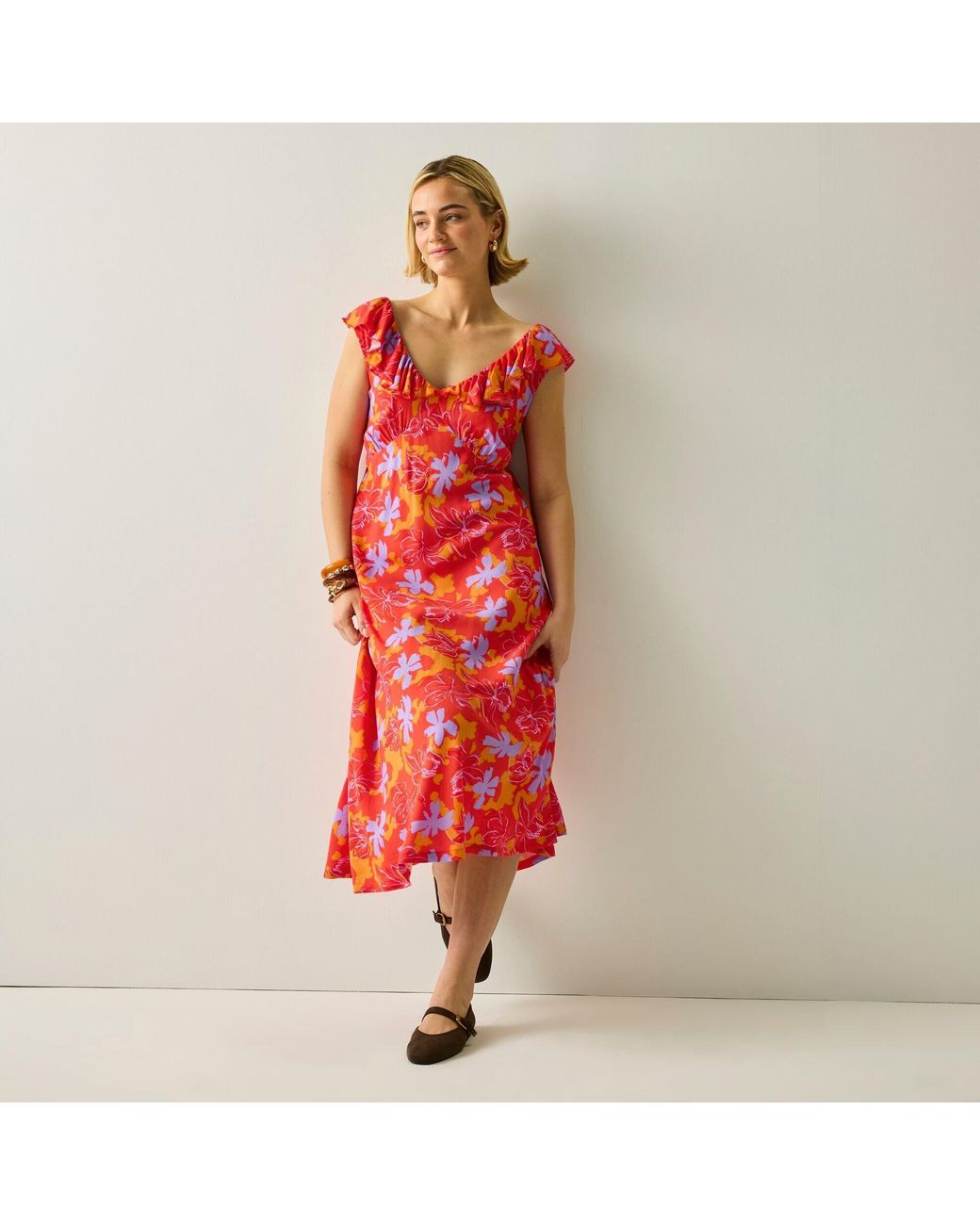 Regatta Red Casablanca V-Neck Ruffle Midi Milkmaid Dress