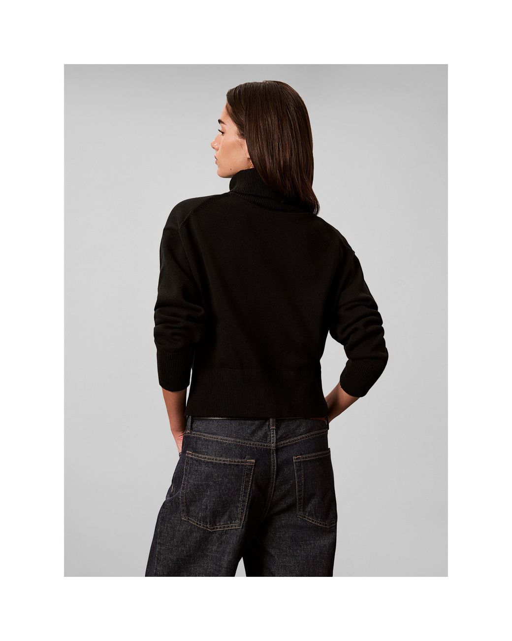 Calvin Klein Black Logo Fine Knit Cropped Turtle-Neck Jumper