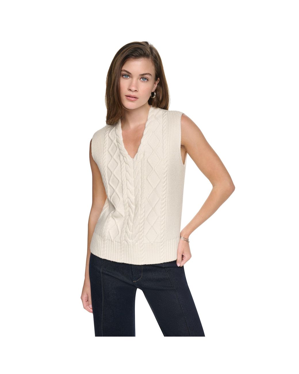 DKNY White Sleeveless V-Neck Cable Sweater