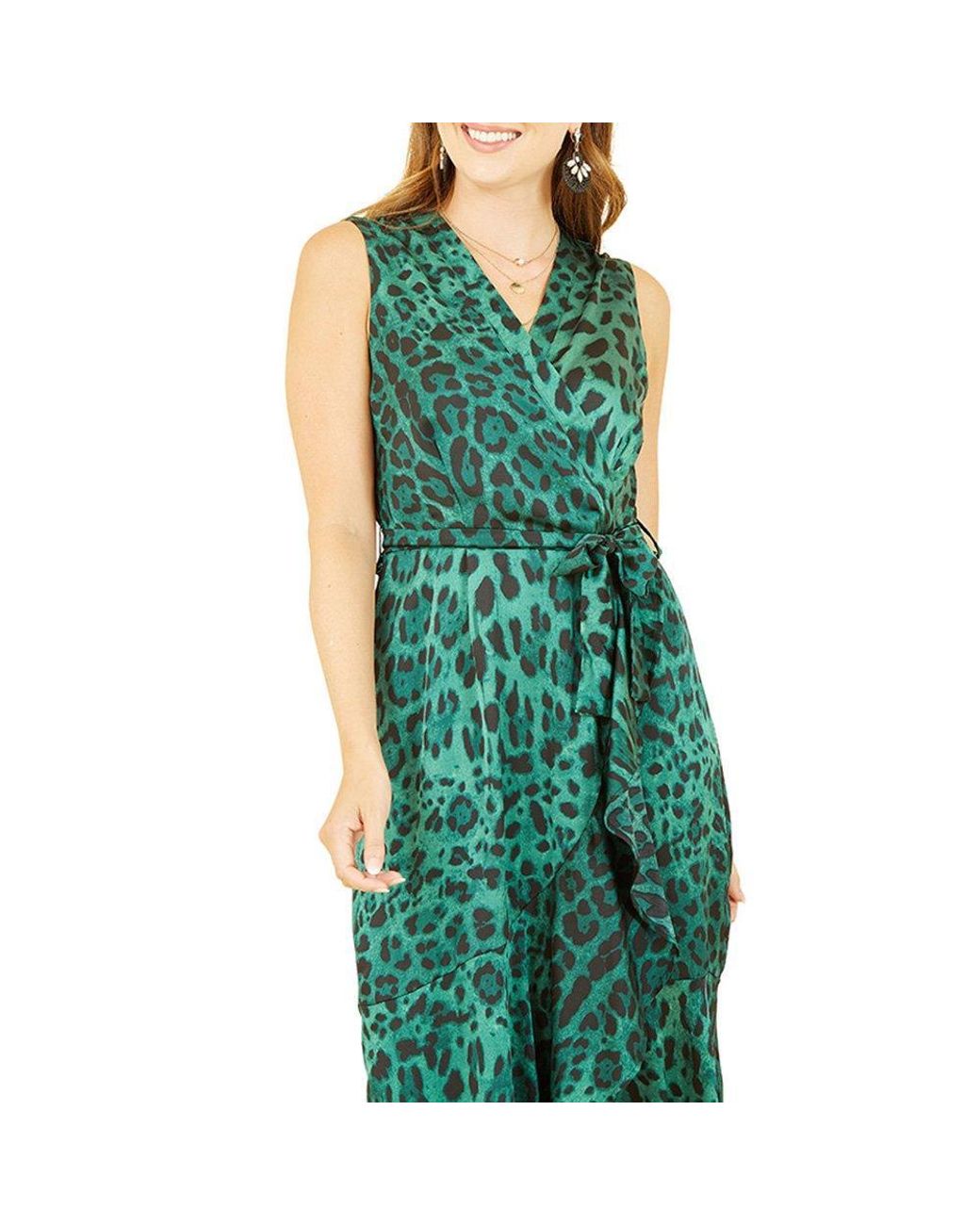 Mela London Green Animal Print Satin Midi Wrap Dress