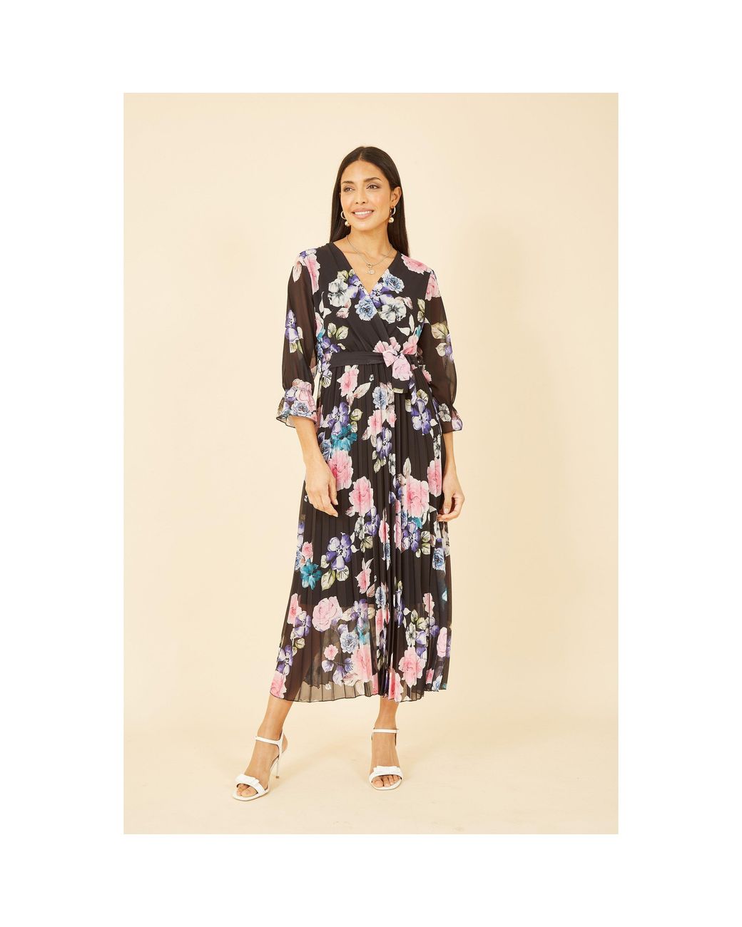 Yumi' Natural Floral Pleated Wrap Midi Dress