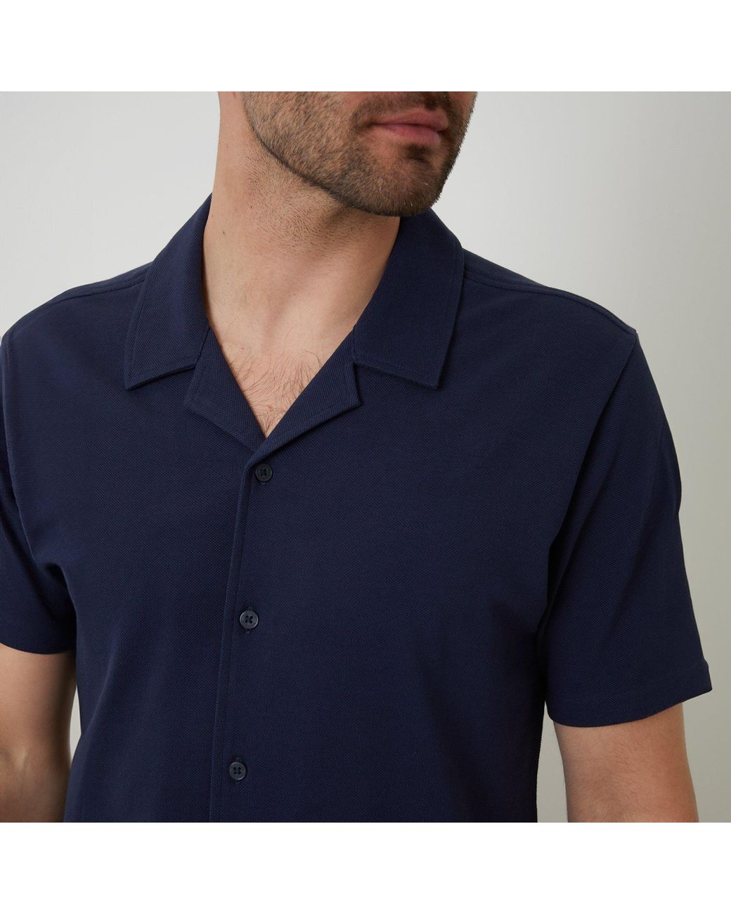 Threadbare Blue Cotton Pique Revere Collar Short Sleeve Shirt for men