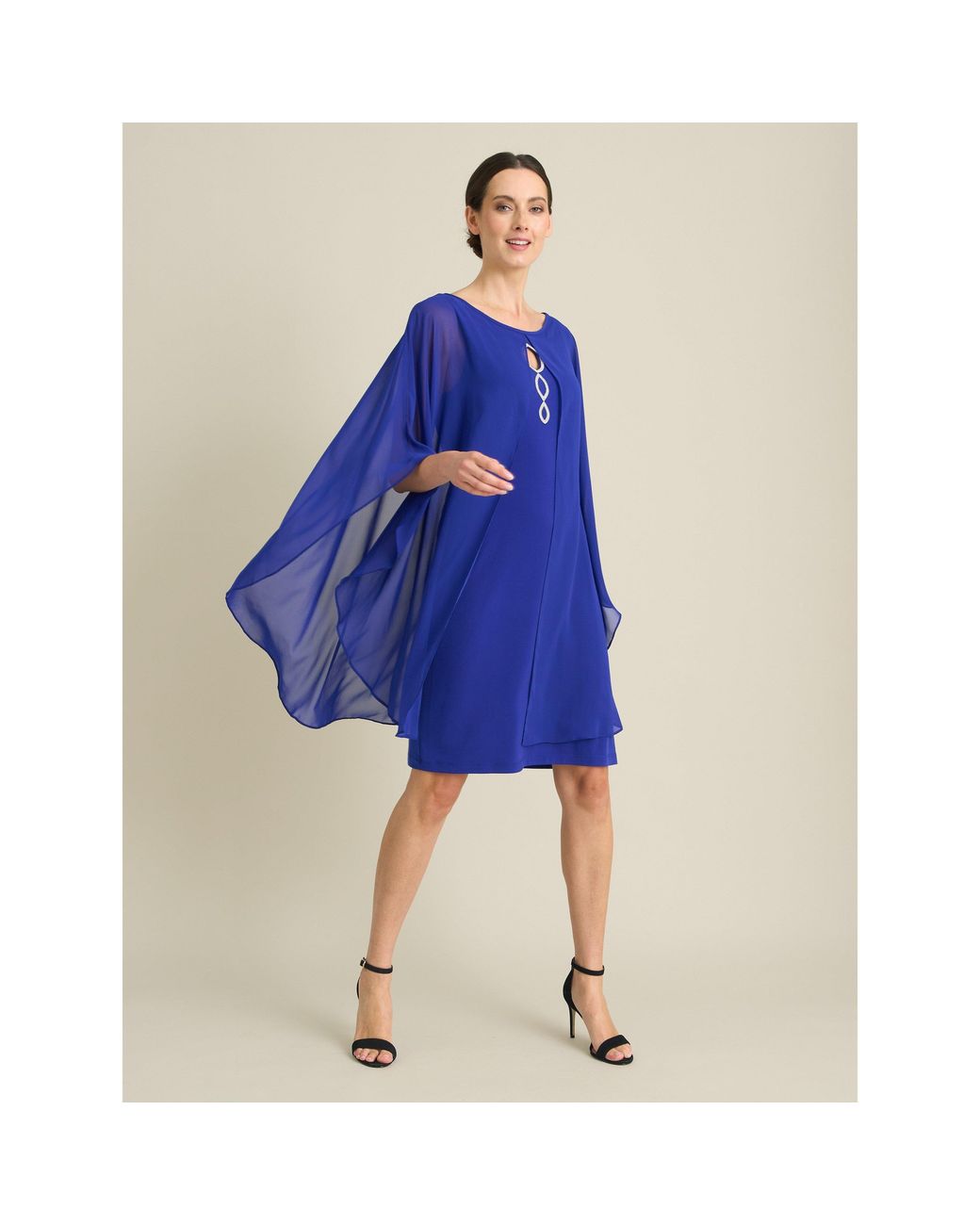 Gina Bacconi Blue Diamante Trim Chiffon Cape Dress