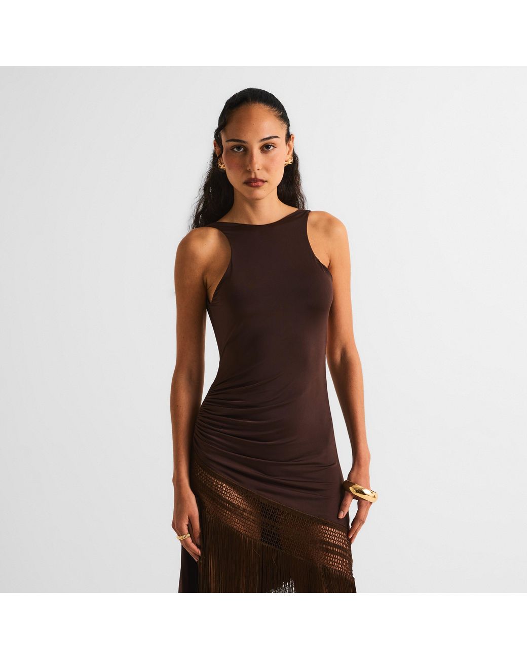 ANDAMANE Brown Marisol Fringe Long Maxi Dress