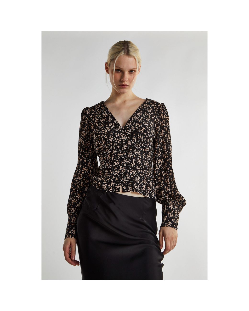 Glamorous Black Ditsy Print Button Front Top