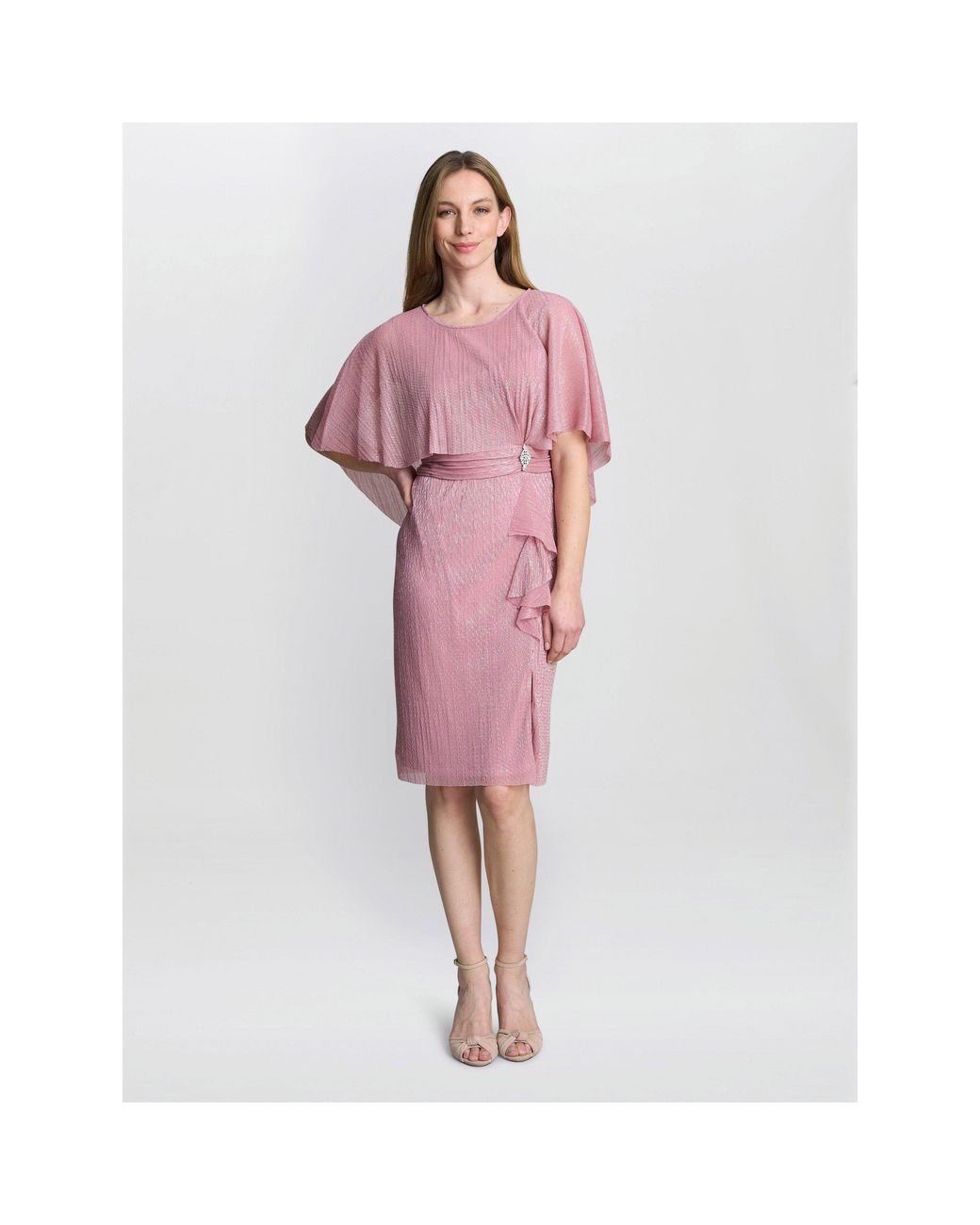 Gina Bacconi Pink Sonya Pleated Dress With Brooch