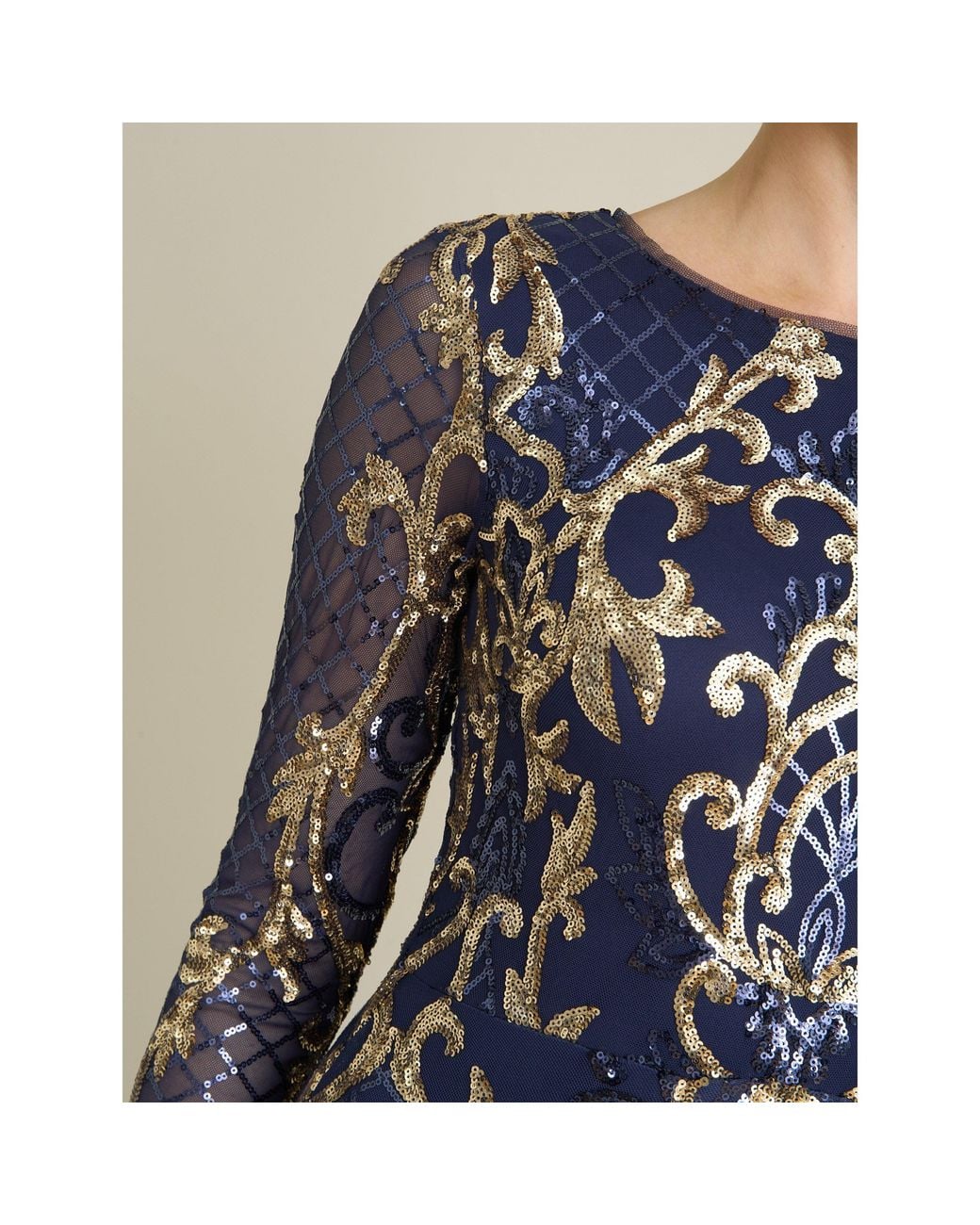 Gina Bacconi Blue Electra Long Sleeve Beaded Maxi Dress