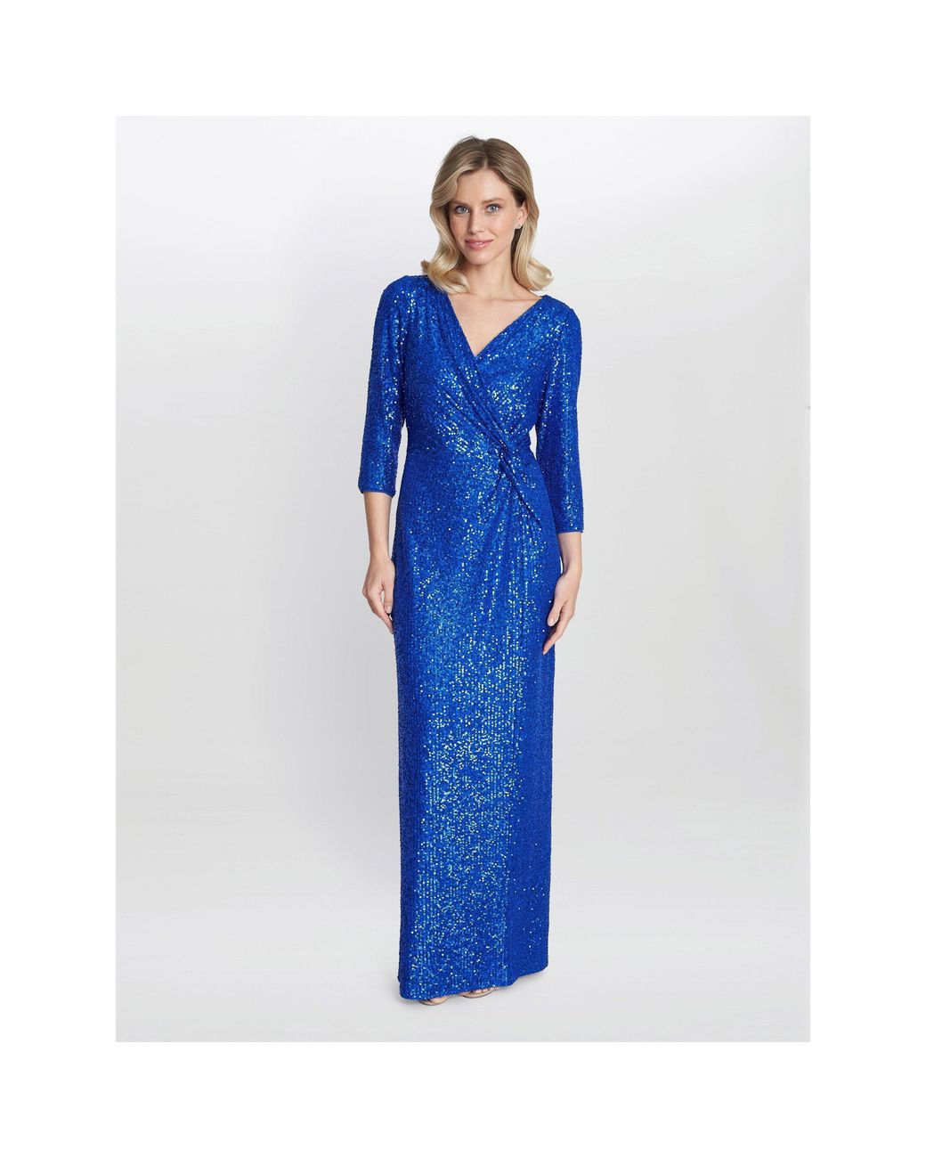 Gina Bacconi Blue Jacynda Sequin 3/4 Sleeve Wrap Dress