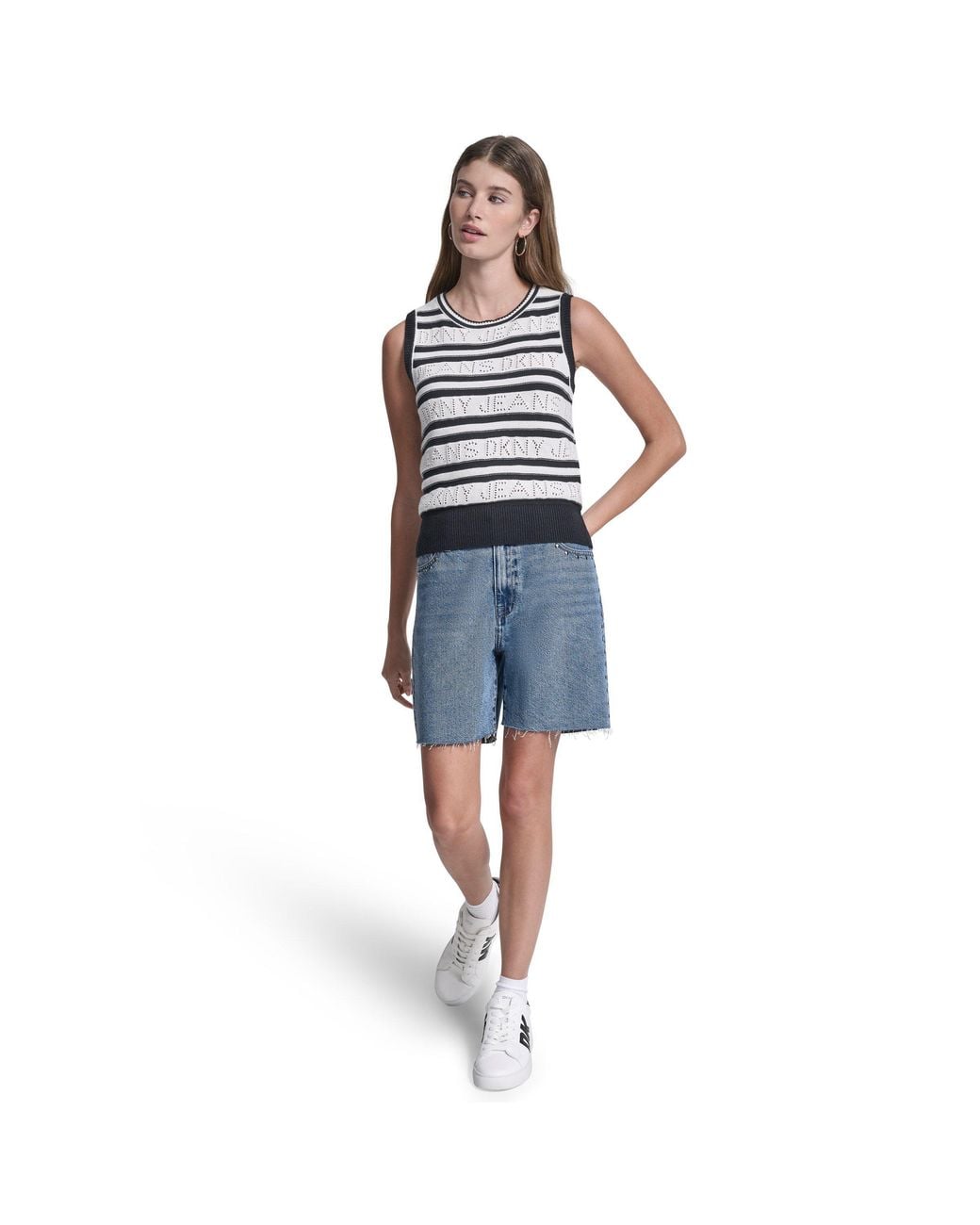 DKNY Blue Jeans Logo Pointelle Striped Sleeveless Sweater