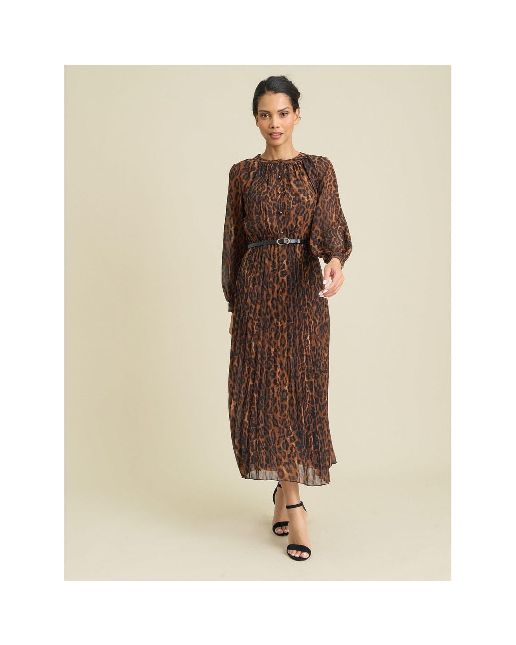 Gina Bacconi Natural Yasmina Chiffon Belted Jewel Neck Animal Dress