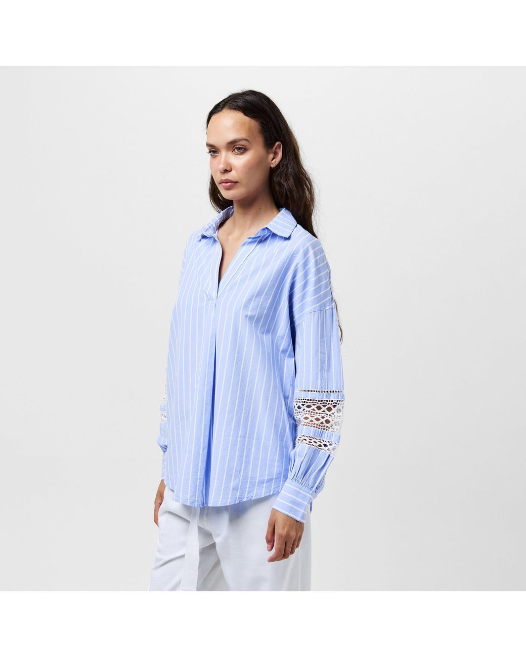 French Connection Blue Cambria Stripe Embroidered Long-Sleeve Patterned Shirt