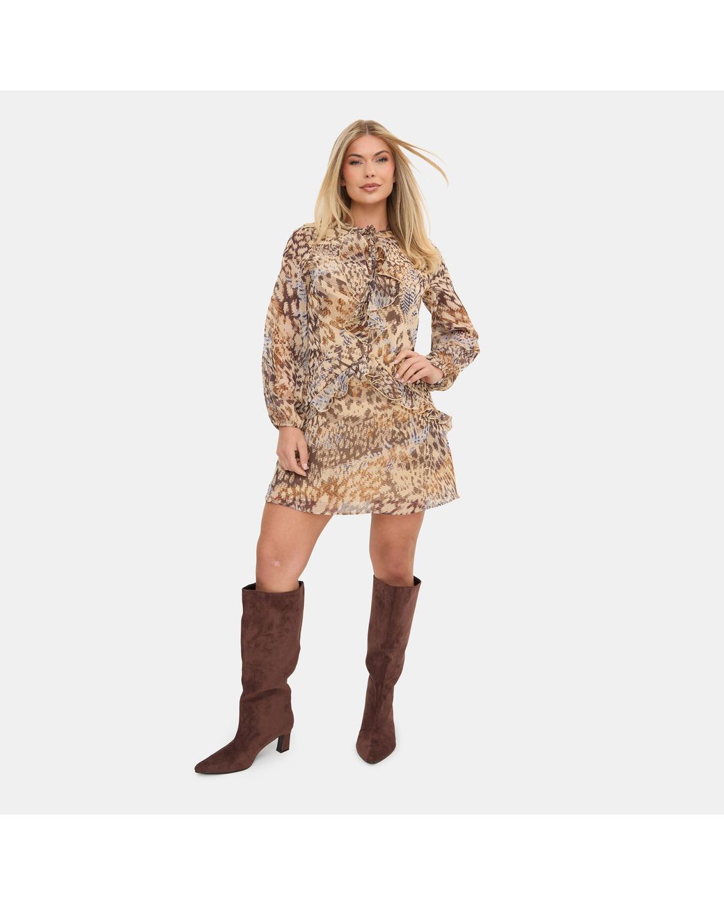 I Saw It First Natural Printed Ruffle Dress