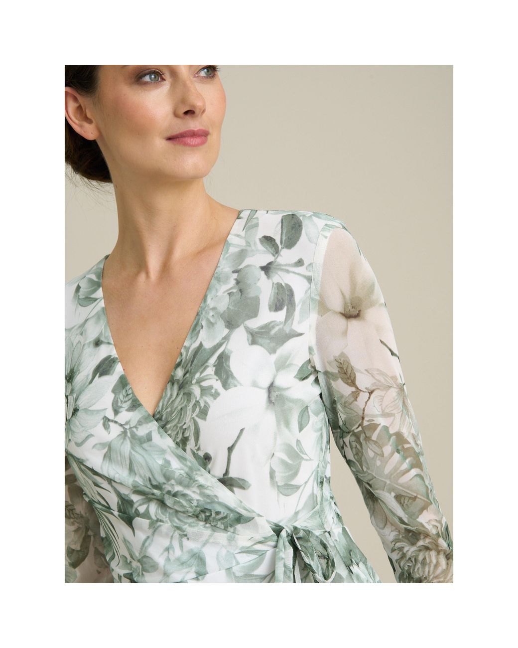Gina Bacconi Natural Nancie Floral Mesh Faux Wrap Dress