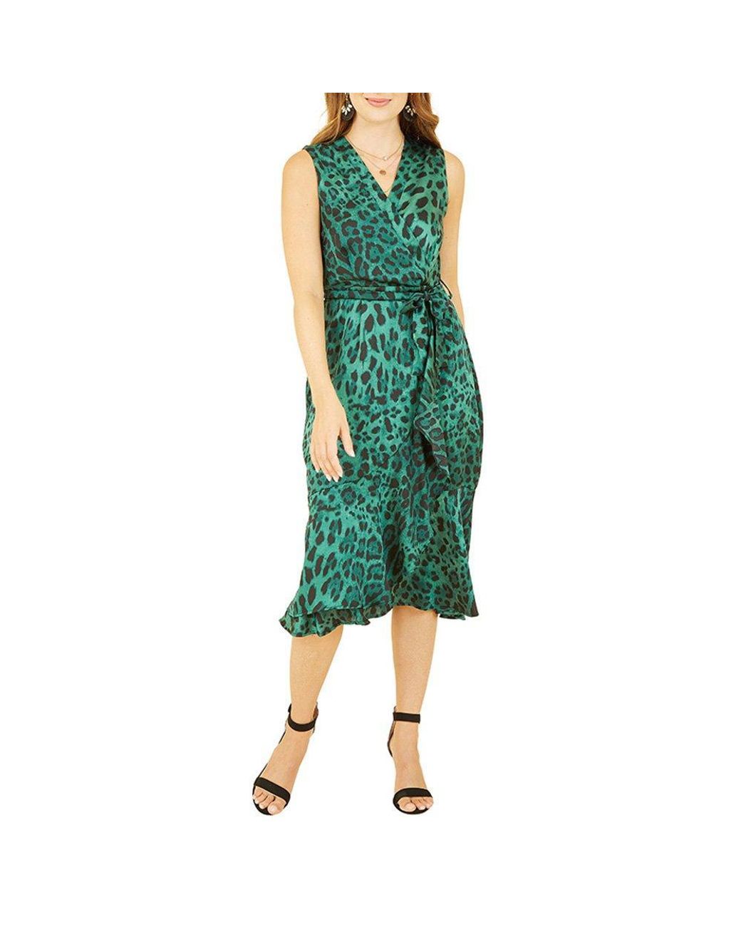 Mela London Green Animal Print Satin Midi Wrap Dress