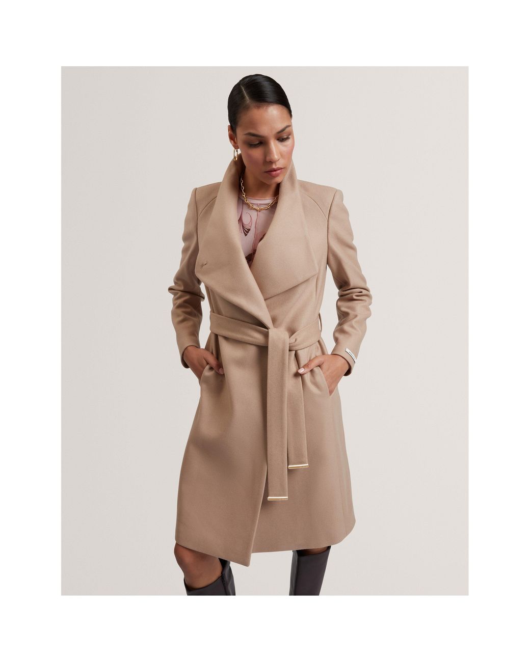Ted Baker Natural Rose Belted Midi Wool Long Sleeve Coat
