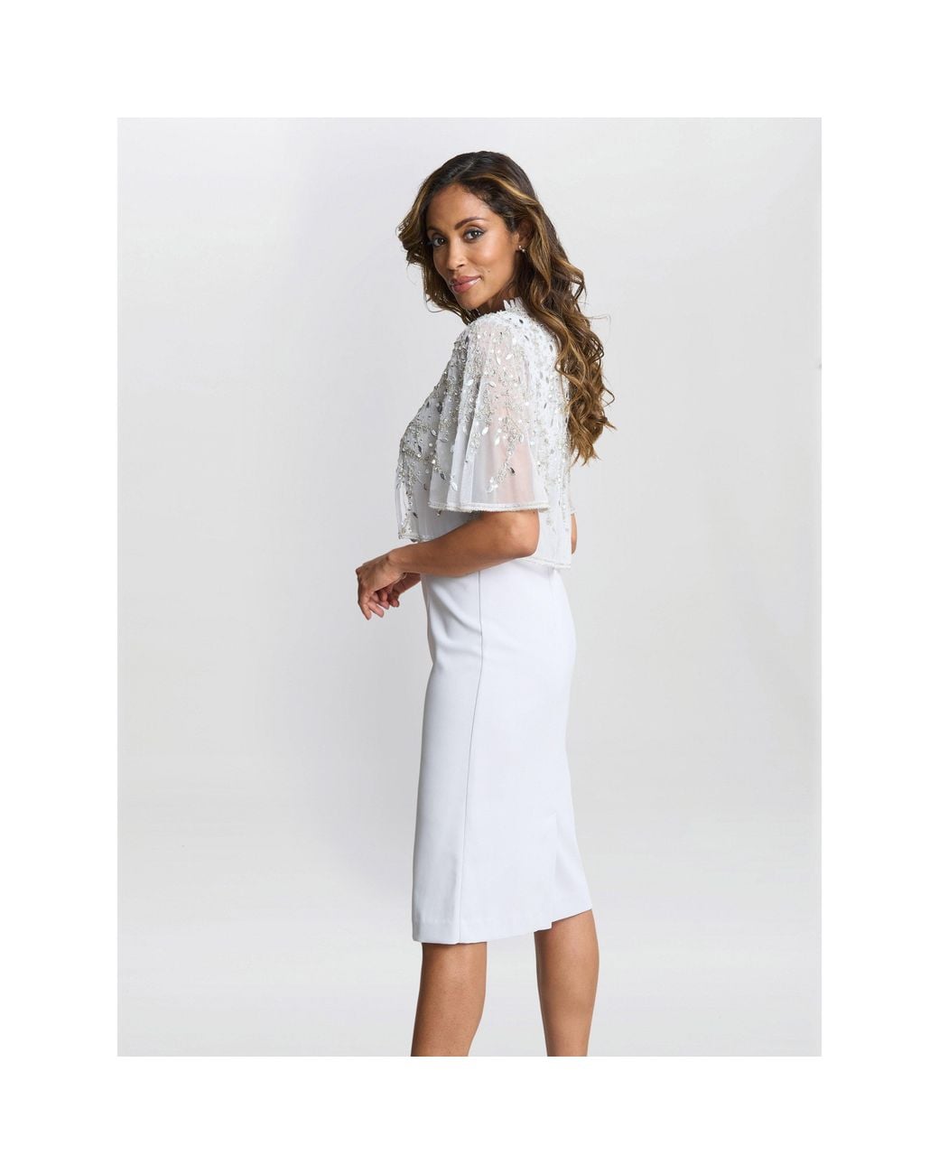 Gina Bacconi White Monica Beaded Jacket With Frill Neck