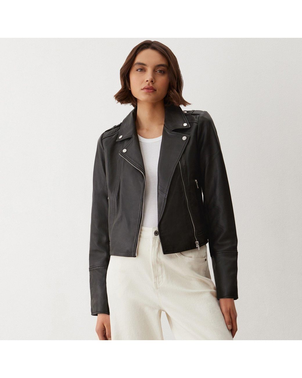 Finery London Black Faith Leather Long Sleeve Biker Jacket