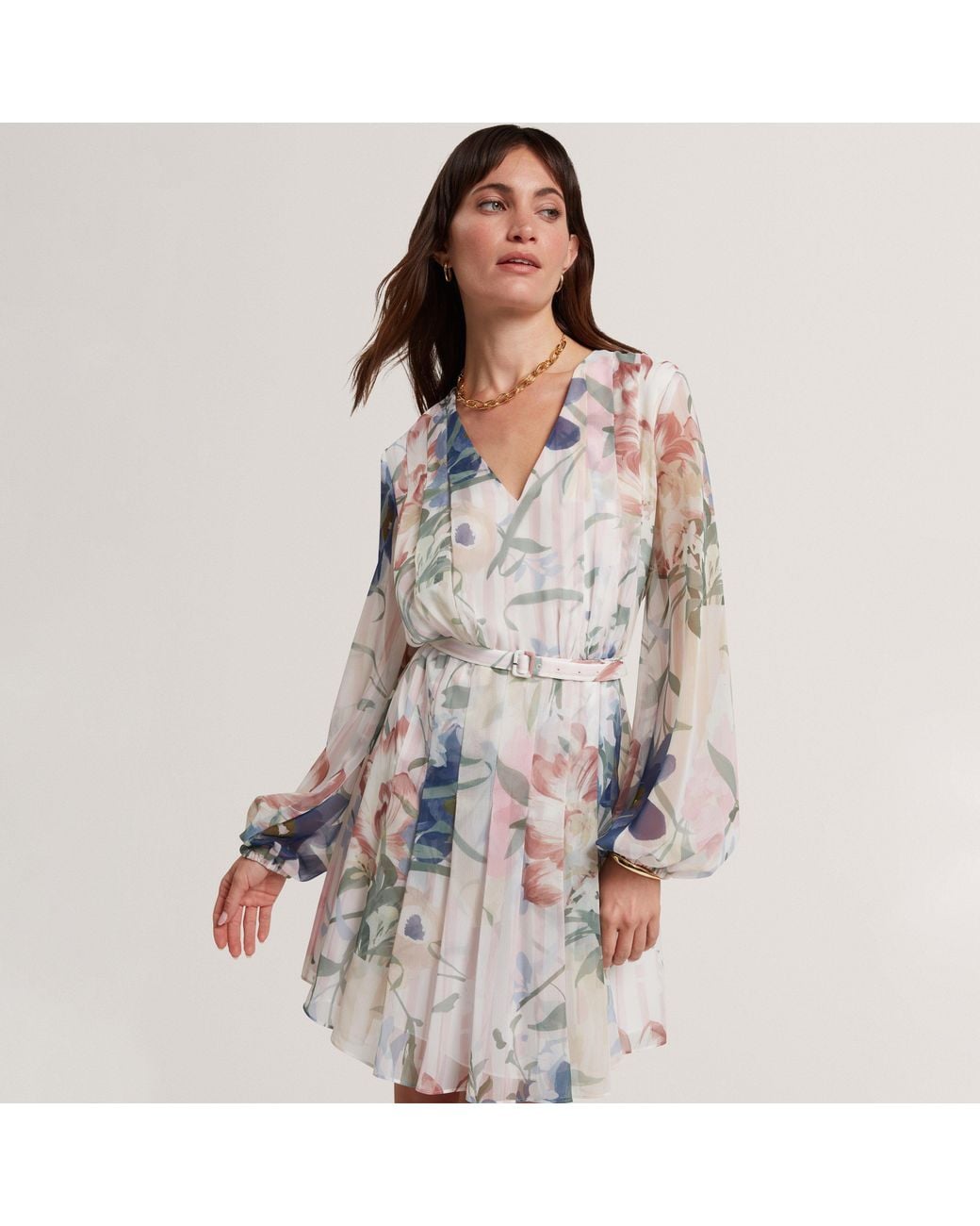 Ted Baker Pink Floral Pleated Long Sleeve Mini Dress