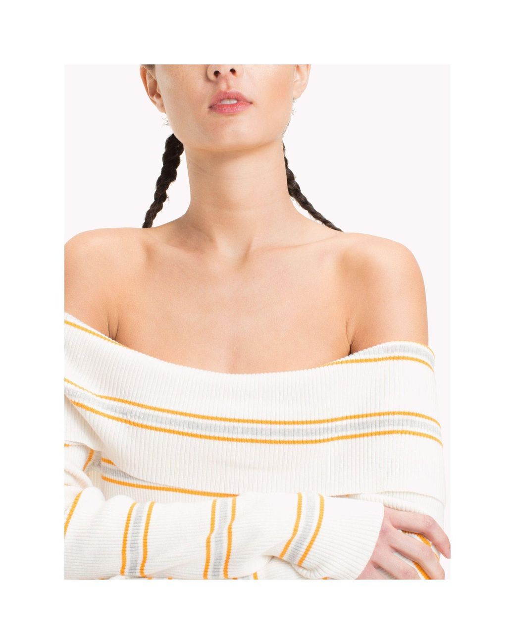 Tommy Hilfiger Gray Off Shoulder Rib Sweater